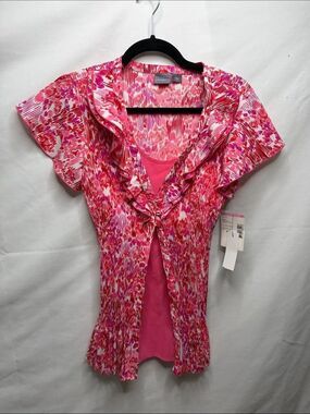 Sears Pink Multi Ruffle-Front Short Sleeve Blouse